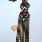 Vintage German Blue & Red Brass Tone Tassel Chain Statement Unique Rare Necklace Photo 1