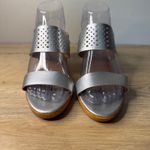 Lucky Brand Silver Leather Wedge Sandals 8W Open Toe Cutout Slide Heels Summer Photo 2