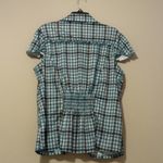 Caren Sport 2X Capped Sleeve Button Front Ruffle Stretch Plaid Top Blue Photo 3