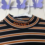 Women’s black brown striped mock neck ribbed stretch cropped long sleeve top M Size M Photo 1