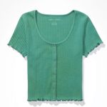 American Eagle AE Baby Tee Ribbed Snap Front Cropped Lettuce Hem Tee Green Size S Photo 1