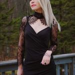 Women's Black Mock Neck Long Lace Sleeve Cocktail Mini Dress Size Large Photo 1