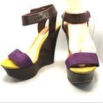 Schutz "CASEY" PURPLE AND YELLOW SUEDE PLATFORM ANKLE STRAP WEDGE HEELS (7) Photo 10