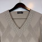 Karl Lagerfeld PARIS Women’s Classic Embellished V-Neck Sweater Tan Size Medium Photo 2