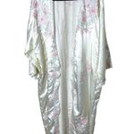 Vintage White Satin Floral Embroidery Pink Blue Accents Kimono Robe Long 2X Size L Photo 0