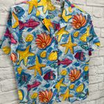 Carlisle Vintage Womens  Silk Short Sleeve Blouse Size 16 Blue Tropical Shells Photo 1