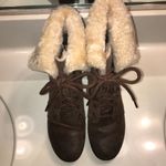 UGG  Women’s Zea Brown Leather Shearling Fur Cuff Waterproof Wedge Ankle Booties Photo 1