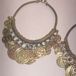 Brass Tone Aged Gold Tone Coin Dangle Boho Retro Hoop Earrings Photo 4