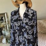 White House | Black Market WHBM black blue paisley Boho western semi sheer button down shirt 8 Photo 0