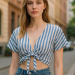 SheIn  Womens Blue White Striped Short‎ Sleeve Tie Front Nautical Coastal Top XS Photo 0