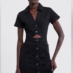 ZARA  Washed Black Denim Button Front Collar Short Sleeve Denim Above Knee Dress Photo 1