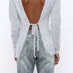 Ecru  lab fuzzy open back tie sweater cream white Photo 0