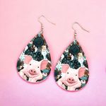 Faux leather piggy sunflower print dangle light‎ weight earrings Pink Photo 2