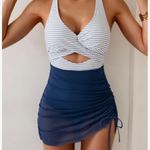 B2prity  Women Mesh One Piece Swimdress Swimsuit Tummy Control V Neck Cutout Bathing Suit Wrap Drawstring Sarong Swimwear Photo 4