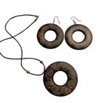 Large Lightweight Pierced Dangle Hook Wood Earring Necklace Set u Handmade Boho Brown Photo 0