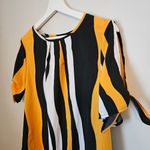 SheIn Blouse Top Short Sleeve Black White Yellow Wavy Stripe Business Casual Photo 1