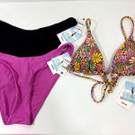 Roxy  NWT $138 3PC Bikini Top + solid beach classics high leg bottoms‎ M Photo 0