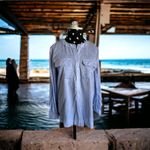 Loft Womens Blouse Sz XS Blue Oxford Cloth Henley Banded Collar Shirt Top Photo 2