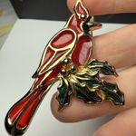 Red Cardinal Bird Brooch Pin Stained Glass Appearance Plique a Jour Style 47730 Gold Photo 3