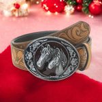 Vintage Style Twin Horses Embossed PU Leather Belt Casual Accessory Size L Tan Size L Photo 4