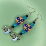 Blue and Light Orange Biohazard Symbol Earrings with Dangling Moon Charms Photo 0