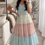 Ivy City Co Emily Patchwork Smocked Shirred Puff Sleeve Tiered Midi Dress Large Blue Photo 0