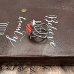 Handmade Vintage West German Glass Ring – Coral Red Stripe Cabochon, Adjustable Photo 3