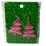 Pink Glitter Christmas Tree Dangle Earrings | Festive Holiday Jewelry Photo 0