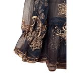 Black Sheer Lace Trimmed Peplum Top Gold Floral Embroidery Long Sleeve Size XL Photo 2