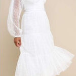 Lulus Affectionate Aura White Swiss Dot Tiered Bustier Midi Dress Medium Photo 0