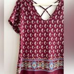 Sienna Sky Maroon/Blue/Tan Paisley Print Short Sleeve Blouse, Size Medium Photo 2
