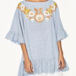 ZARA Women Gingham Blue Floral Embroidered Oversized Tunic Top M Photo 0