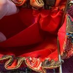 Vintage Beaded Floral Ruffle Brass Handle Clutch Chain Bag Red Gold Photo 10