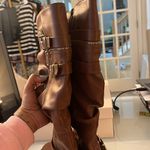 Shoe dazzle, brown scrunched boots with gold buckles and zippers size 10 Photo 5
