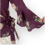 Timing Burgundy floral wrap top, ladies small bell flare sleeve V-neck bohemian blouse Photo 7