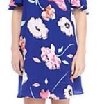 Kaari Blue NWT size S blue pink grey floral cold shoulder A-line dress V Neck Photo 3