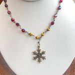 Snowflake Beaded Rosary Style Red, Brass & Golden Wire Wrapped Necklace Photo 0