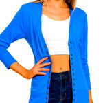 Zenana Outfitters 🆕 Womens XL Bright Blue Cardigan Snap Sweater V-Neck‎ Slim Fit Lightweight NEW Photo 0