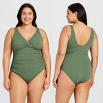 Kona Sol  Olive Green Ruched Front‎ @ Sides V neck Low Back Onepiece Swimsuit 16W Photo 1