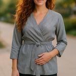 Motherhood  MATERNITY Crisp Cotton Denim Blue Striped Wrap Around Blouse ~ Size M Photo 0