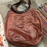 Leather Dean Bag Teardrop Round Handle Hobo Boho Two Tone Hippie Western Medium Brown Photo 0