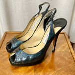 Jimmy Choo Black Glitter Peep Toe Slingback Heels Size 37/US 7 Photo 0