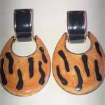Vintage Orange and Black Enamel Retro Boho Door Knocker Hoop Earrings Photo 0