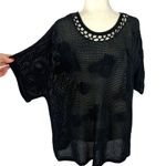 Chico's New  Black Floral Crochet Applique Open Knit Short Sleeve Sweater Size XL Photo 3