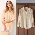 Marine layer  Jane Relaxed Linen Shirt Yellow/ White Striped Women’s size Medium Photo 1