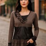 FARINELLI VNECK KNIT EMBELLISHED LONG SLEEVE GOTH RUFFLED LACE VEGAN LEATHER TOP Gray Size M Photo 6