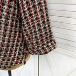 Chico's Tweed Metallic High Neck Open Front Blazer Jacket Red Black Gold Medium Photo 5