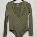 Free People Intimately  Fitted Bodysuit M/L Medium Large Army Green LS Deep VNeck Photo 0