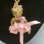 Betsey Johnson Cheerleader Necklace Gold Tone Pink Bear Crystal Pom Poms Movable Photo 5