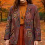 American Vintage 90s Vintage Tapestry Oversized Abstract Print Blazer Green Red Multicolor Large Photo 0